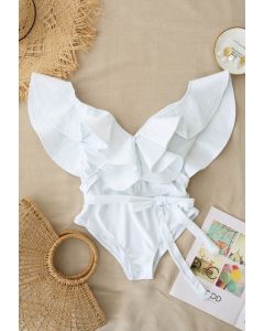 Plunging V-Neck Ruffle One-Piece Swimsuit in White