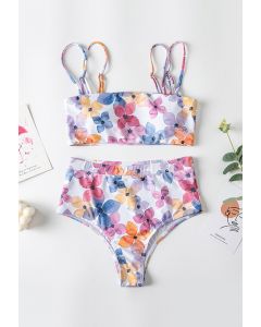 Conjunto de bikini de talle alto con tiras dobles florales multicolores