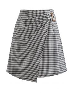 Side Ruched Belt Asymmetric Mini Skirt in Gingham