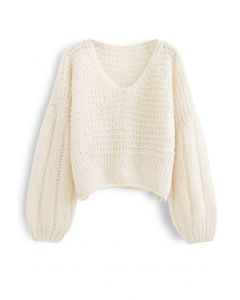Fluffy Knit Hollow Out Crop Sweater in Ivory