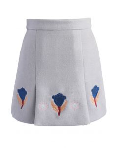 Tulip Embroidered Wool-blend Bud Skirt in Grey