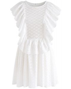 All Eyelet Embroidered Ruffle Sleeveless Dress in White