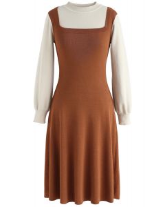 Elegant Identity Fake Two-Piece Knit Dress in Caramel