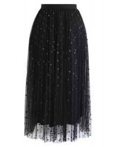 Polka Dot Double-Layered Mesh Tulle Skirt in Black