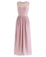 Mesh Spliced Floret Embroidered Maxi Dress in Pink