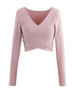 Crisscross Front Long Sleeves Ribbed Top in Pink