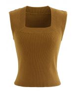 Square Neck Sleeveless Ribbed Knit Top in Caramel