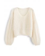 Fluffy Knit Hollow Out Crop Sweater in Ivory