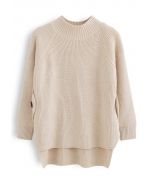 Button Side Hi-Lo Knit Sweater in Light Tan